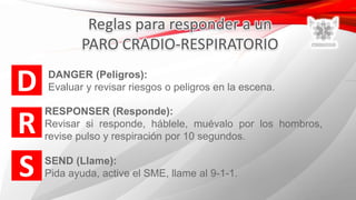D DANGER (Peligros):
Evaluar y revisar riesgos o peligros en la escena.
R
RESPONSER (Responde):
Revisar si responde, háblele, muévalo por los hombros,
revise pulso y respiración por 10 segundos.
S SEND (Llame):
Pida ayuda, active el SME, llame al 9-1-1.
 