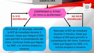 LLEGA EL DEA
COMPROBAR EL RITMO
¿El ritmo es desfibrilable?
Reanudar la RCP de inmediato
durante 2 minutos, Hasta que
indique el DEA para permitir la
comprobación del ritmo. Continuar
hasta que lleguen los SME, o la
victima empiece a moverse
Administrar un descarga, reanudar
la RCP de inmediato durante 2
minutos, Hasta que indique el DEA
para permitir la comprobación del
ritmo. Continuar hasta que lleguen
los SME, o la victima empiece a
moverse
NO, NO ES
DESFIBRILABLE
SI, SI ES
DESFIBRILABLE
 