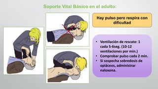 Hay pulso pero respira con
dificultad
Soporte Vital Básico en el adulto:
• Ventilación de rescate: 1
cada 5-6seg. (10-12
ventilaciones por min.)
• Comprobar pulso cada 2 min.
• Si sospecha sobredosis de
opiáceos, administrar
naloxona.
 