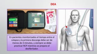 DEA
En pacientes monitorizados el tiempo entre el
colapso y la primera descarga debe ser de
menos de 3 minutos, y siempre se debe
practicar RCP mientras se prepara el
desfibrilador.
 