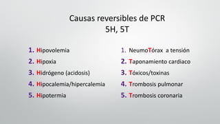 Causas reversibles de PCR
5H, 5T
1. Hipovolemia
2. Hipoxia
3. Hidrógeno (acidosis)
4. Hipocalemia/hipercalemia
5. Hipotermia
1. NeumoTórax a tensión
2. Taponamiento cardiaco
3. Tóxicos/toxinas
4. Trombosis pulmonar
5. Trombosis coronaria
 