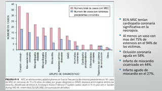 • 81% MSC tenían
cardiopatía coronaria
significativa en la
necropsia.
• Al menos un vaso con
mas del 75% de
estenosis en el 94% de
las victimas.
• Oclusión coronaria
aguda en 58%.
• Infarto de miocardio
cicatrizado en 44%.
• Infarto agudo de
miocardio en el 27%.
 