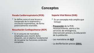 Conceptos
Parada Cardiorrespiratoria (PCR):
• Se define como el cese brusco e
inesperado de la respiración y
circulación espontáneas, de forma
potencialmente reversible.
Resucitación Cardiopulmonar (RCP):
• Es el conjunto de maniobras
empleadas para revertir dicha
situación, con el objetivo fundamental
de recuperar las funciones cerebrales
completas.
Soporte Vital Básico (SVB):
• Es un concepto más amplio que
incluye:
- Prevención de la PCR:
reconocimiento, alerta a los
servicios de emergencia,
intervención precoz y la educación
de la población.
- Las maniobras de RCP
- La desfibrilación precoz (DEA).
 