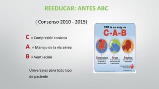 REEDUCAR: ANTES ABC
( Consenso 2010 - 2015)
C = Compresión torácica
A = Manejo de la vía aérea
B = Ventilación
Universales para todo tipo
de paciente
 