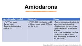Amiodarona
Uso principal en el ACLS Dosis /vía. Notas
• FV/TV sin pulso
• TV con pulso
• Taquicardia Control de
clasificac...