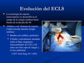 Evolución del ECLS
 La tecnología de soporte
extracorpóreo se desarrolló en el
campo de la cirugía cardiaca hacia
finales...