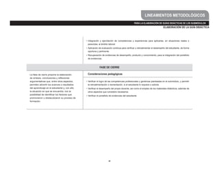 40
ELABORACIÓN DE LA GUÍA DIDÁCTICA
PARA LA ELABORACIÓN DE GUÍAS DIDÁCTICAS DE LOS SUBMÓDULOS
LINEAMIENTOS METODOLÓGICOS
•	Integración y ejercitación de competencias y experiencias para aplicarlas, en situaciones reales o
parecidas, al ámbito laboral.
•	Aplicación de evaluación continua para verificar y retroalimentar el desempeño del estudiante, de forma
oportuna y pertinente.
•	Recuperación de evidencias de desempeño, producto y conocimiento, para la integración del portafolio
de evidencias.
FASE DE CIERRE
La fase de cierre propone la elaboración
de síntesis, conclusiones y reflexiones
argumentativas que, entre otros aspectos,
permiten advertir los avances o resultados
del aprendizaje en el estudiante y, con ello,
la situación en que se encuentra, con la
posibilidad de identificar los factores que
promovieron u obstaculizaron su proceso de
formación.
Consideraciones pedagógicas
•	Verificar el logro de las competencias profesionales y genéricas planteadas en el submódulo, y permitir
la retroalimentación o reorientación, si el estudiante lo requiere o solicita.
•	Verificar el desempeño del propio docente, así como el empleo de los materiales didácticos, además de
otros aspectos que considere necesarios.
•	Verificar el portafolio de evidencias del estudiante.
 