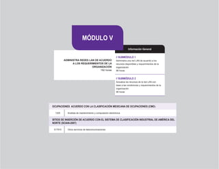 MÓDULO V
                                                                       Información General

                                                           // SUBMÓDULO 1
          ADMINISTRA REDES LAN DE ACUERDO                  Administra una red LAN de acuerdo a los
                A LOS REQUERIMIENTOS DE LA                 recursos disponibles y requerimientos de la
                             ORGANIZACIÓN                  organización
                                   192 horas               96 horas


                                                           // SUBMÓDULO 2
                                                           Actualiza los recursos de la red LAN con
                                                           base a las condiciones y requerimientos de la
                                                           organización
                                                           96 horas




OCUPACIONES		ACUERDO	CON	LA	CLASIFICACIÓN	MEXICANA	DE	OCUPACIONES	(CMO)

  1205      Analista de mantenimiento y computación electrónica


SITIOS DE INSERCIÓN DE ACUERDO CON EL SISTEMA DE CLASIFICACIÓN INDUSTRIAL DE AMÉRICA DEL
NORTE	(SCIAN-2007)

 517910     Otros servicios de telecomunicaciones




                                                    30
 