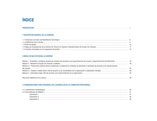 ÍNDICE
PRESENTACIÓN …………………………………………………………………………………………………………………………………………………………… 5



1 DESCRIPCIÓN GENERAL DE LA CARRERA

1.1 Estructura Curricular del Bachillerato Tecnológico ………………………………………………………………………………………………………………                                           8
1.2 Justificación de la carrera ……………………………………………………………………………………………………………………………………………                                                       9
1.3 Perfil de egreso ………………………………………………………………………………………………………………………………………………………                                                              10
1.4 Mapa de competencias de la carrera de Técnico en Soporte y Mantenimiento de Equipo de Cómputo……………………………………………………                       11
1.5 Cambios principales en los programas de estudio ………………………………………………………………………………………………………………                                              12



2 MÓDULOS QUE INTEGRAN LA CARRERA

Módulo I - Ensambla y configura equipos de cómputo de acuerdo a los requerimientos del usuario y especificaciones del fabricante ……………………   14
Módulo II - Mantiene el equipo de cómputo y software ………………………………………………………………………………………………………………                                             18
Módulo III - Proporciona soporte técnico presencial o a distancia en software de aplicación y hardware de acuerdo a los requerimientos
del usuario …………………………………………………………………………………………………………………………………………………………………                                                                   22
Módulo IV - Diseña e instala redes LAN de acuerdo a las necesidades de la organización y estándares oficiales……………………………………………              26
Módulo V - Administra redes LAN de acuerdo a los requerimientos de la organización …………………………………………………………………………                             30


Recursos didácticos de la carrera ………………………………………………………………………………………………………………………………………                                                       35



3 CONSIDERACIONES PARA DESARROLLAR LOS MÓDULOS EN LA FORMACIÓN PROFESIONAL

3.1 Lineamientos metodológicos ………………………………………………………………………………………………………………………………………                                                          38
3.2 Guía didáctica del Módulo I …………………………………………………………………………………………………………………………………………                                                        41
          Submódulo 1 …………………………………………………………………………………………………………………………………………………                                                               41
          Submódulo 2 …………………………………………………………………………………………………………………………………………………                                                               45
          Submódulo 3 …………………………………………………………………………………………………………………………………………………                                                               49
 