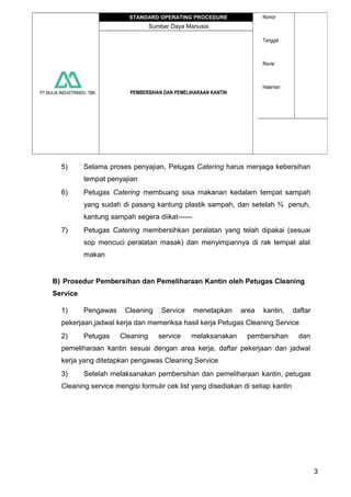 PT MULIA INDUSTRINDO, TBK.
STANDARD OPERATING PROCEDURE Nomor
Tanggal
Revisi
Halaman
Sumber Daya Manusia
PEMBERSIHAN DAN PEMELIHARAAN KANTIN
5) Selama proses penyajian, Petugas Catering harus menjaga kebersihan
tempat penyajian
6) Petugas Catering membuang sisa makanan kedalam tempat sampah
yang sudah di pasang kantung plastik sampah, dan setelah ¾ penuh,
kantung sampah segera diikat------
7) Petugas Catering membersihkan peralatan yang telah dipakai (sesuai
sop mencuci peralatan masak) dan menyimpannya di rak tempat alat
makan
B) Prosedur Pembersihan dan Pemeliharaan Kantin oleh Petugas Cleaning
Service
1) Pengawas Cleaning Service menetapkan area kantin, daftar
pekerjaan,jadwal kerja dan memeriksa hasil kerja Petugas Cleaning Service
2) Petugas Cleaning service melaksanakan pembersihan dan
pemeliharaan kantin sesuai dengan area kerja, daftar pekerjaan dan jadwal
kerja yang ditetapkan pengawas Cleaning Service
3) Setelah melaksanakan pembersihan dan pemeliharaan kantin, petugas
Cleaning service mengisi formulir cek list yang disediakan di setiap kantin
3
 