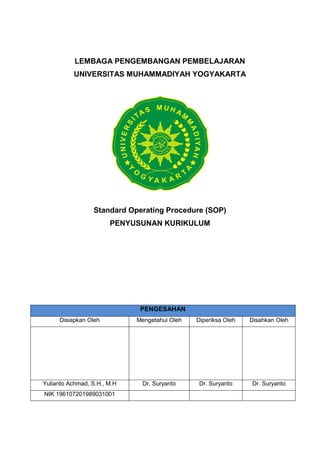 LEMBAGA PENGEMBANGAN PEMBELAJARAN
UNIVERSITAS MUHAMMADIYAH YOGYAKARTA
Standard Operating Procedure (SOP)
PENYUSUNAN KURIKULUM
PENGESAHAN
Disiapkan Oleh Mengetahui Oleh Diperiksa Oleh Disahkan Oleh
Yulianto Achmad, S.H., M.H Dr. Suryanto Dr. Suryanto Dr. Suryanto
NIK 196107201989031001
 