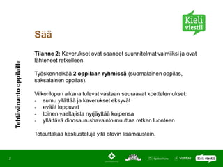 Sää
                              Tilanne 2: Kaverukset ovat saaneet suunnitelmat valmiiksi ja ovat
                              lähteneet retkelleen.
    Tehtävänanto oppilaille




                              Työskennelkää 2 oppilaan ryhmissä (suomalainen oppilas,
                              saksalainen oppilas).

                              Viikonlopun aikana tulevat vastaan seuraavat koettelemukset:
                              - sumu yllättää ja kaverukset eksyvät
                              - eväät loppuvat
                              - toinen vaeltajista nyrjäyttää koipensa
                              - yllättävä dinosaurushavainto muuttaa retken luonteen

                              Toteuttakaa keskusteluja yllä olevin lisämaustein.



2
 