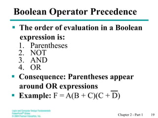 Chapter 2 - Part 1 19
Boolean Operator Precedence
 The order of evaluation in a Boolean
expression is:
1. Parentheses
2. NOT
3. AND
4. OR
 Consequence: Parentheses appear
around OR expressions
 Example: F = A(B + C)(C + D)
 