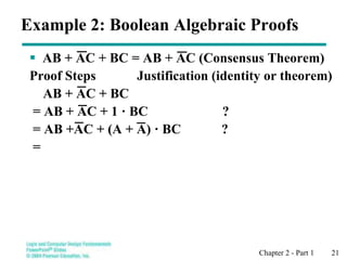 Chapter 2 - Part 1 21
 AB + AC + BC = AB + AC (Consensus Theorem)
Proof Steps Justification (identity or theorem)
AB + AC + BC
= AB + AC + 1 · BC ?
= AB +AC + (A + A) · BC ?
=
Example 2: Boolean Algebraic Proofs
 