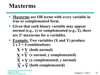 Chapter 2 - Part 1 32
Maxterms
 Maxterms are OR terms with every variable in
true or complemented form.
 Given that each binary variable may appear
normal (e.g., x) or complemented (e.g., x), there
are 2n maxterms for n variables.
 Example: Two variables (X and Y) produce
2 x 2 = 4 combinations:
(both normal)
(x normal, y complemented)
(x complemented, y normal)
(both complemented)
Y
X +
Y
X +
Y
X +
Y
X +
 