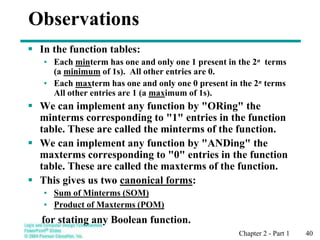 Chapter 2 - Part 1 40
Observations
 In the function tables:
• Each minterm has one and only one 1 present in the 2n terms
(a minimum of 1s). All other entries are 0.
• Each maxterm has one and only one 0 present in the 2n terms
All other entries are 1 (a maximum of 1s).
 We can implement any function by "ORing" the
minterms corresponding to "1" entries in the function
table. These are called the minterms of the function.
 We can implement any function by "ANDing" the
maxterms corresponding to "0" entries in the function
table. These are called the maxterms of the function.
 This gives us two canonical forms:
• Sum of Minterms (SOM)
• Product of Maxterms (POM)
for stating any Boolean function.
 