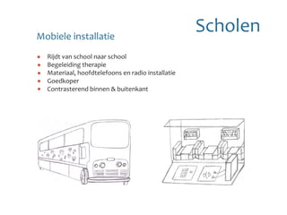 Mobiele installatie
                                         	         Scholen
  Rijdt van school naar school
  Begeleiding therapie
  Materiaal, hoofdtelefoons en radio installatie
  Goedkoper
  Contrasterend binnen & buitenkant
 