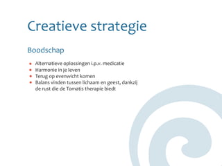 Creatieve strategie
Boodschap
 Alternatieve oplossingen i.p.v. medicatie
 Harmonie in je leven
 Terug op evenwicht komen
 Balans vinden tussen lichaam en geest, dankzij
 de rust die de Tomatis therapie biedt
 