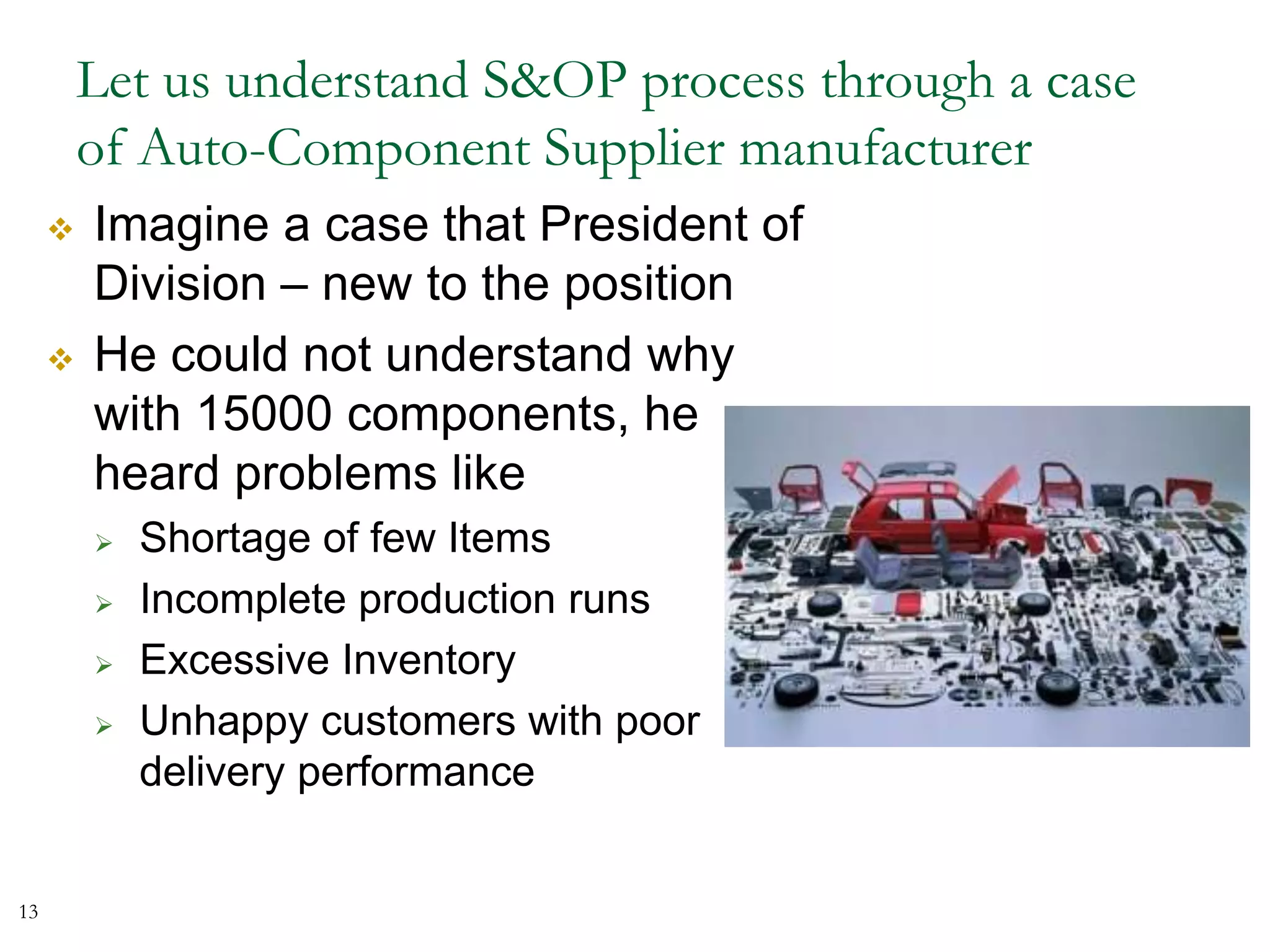 Let us understand S&OP process through a case
of Auto-Component Supplier manufacturer
 Imagine a case that President of
Division – new to the position
 He could not understand why
with 15000 components, he
heard problems like
 Shortage of few Items
 Incomplete production runs
 Excessive Inventory
 Unhappy customers with poor
delivery performance
13
 