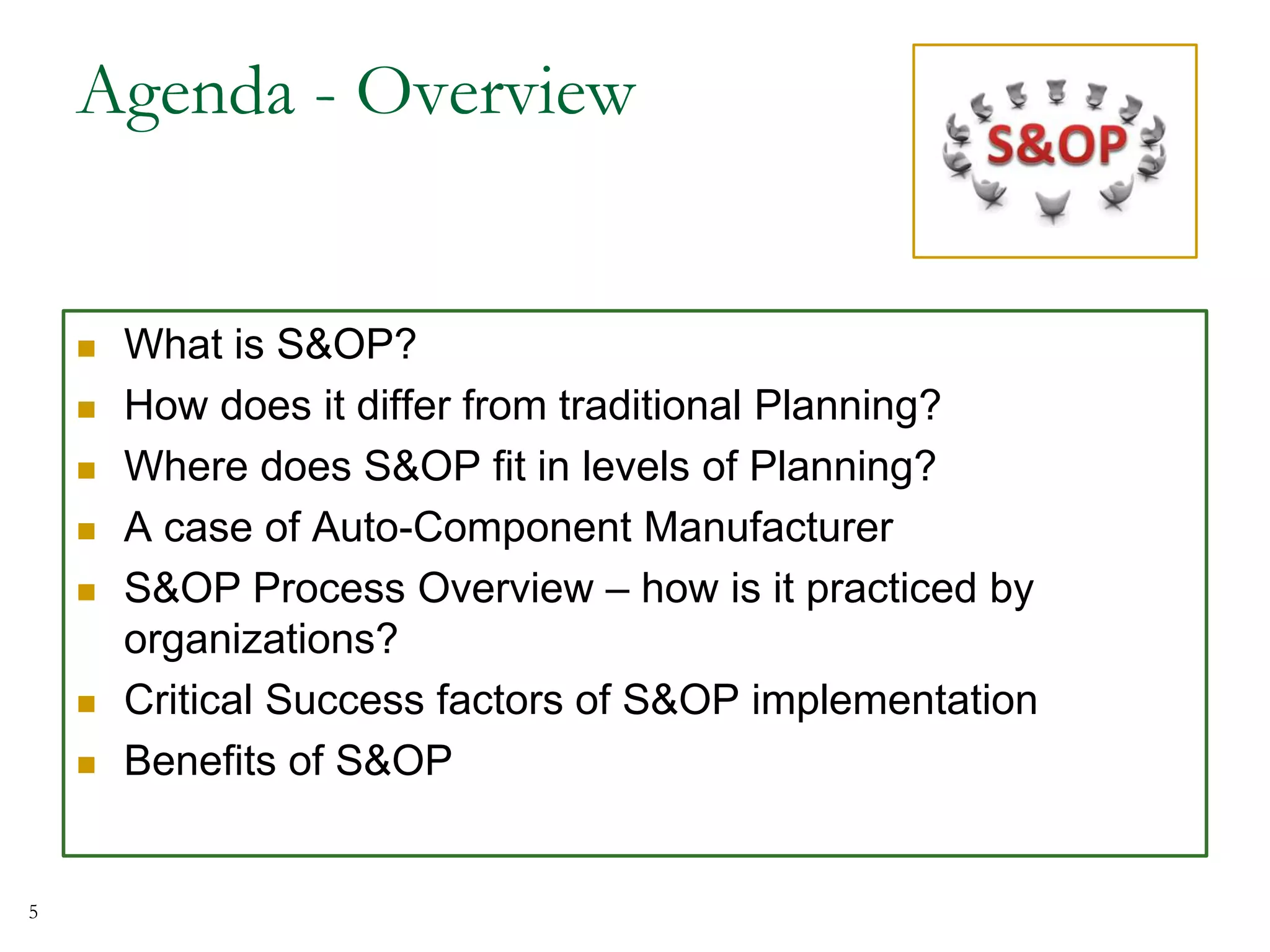Agenda - Overview
 What is S&OP?
 How does it differ from traditional Planning?
 Where does S&OP fit in levels of Planning?
 A case of Auto-Component Manufacturer
 S&OP Process Overview – how is it practiced by
organizations?
 Critical Success factors of S&OP implementation
 Benefits of S&OP
5
 