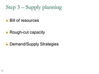 Step 3 – Supply planning
 Bill of resources
 Rough-cut capacity
 Demand/Supply Strategies
28
 