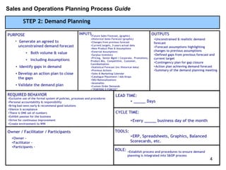 Sales and Operations Planning Process Guide

           STEP 2: Demand Planning

PURPOSE                                              INPUTS•Future Sales Forecast, (graphic)
                                                                                                               OUTPUTS
                                                              •Historical Sales Forecast (graphic)             •Unconstrained & realistic demand
     • Generate an agreed to                                  •Changes from previous forecast                  forecast
       unconstrained demand forecast                          •Current targets, 3-years actual data
                                                                                                               •Forecast assumptions highlighting
                                                              •New Product Plan & Assumptions
                                                              •External Assumptions                            changes to previous assumptions
             • Both volume & value                            •Surplus Inventory                               •Defined gaps from previous forecast and
                                                              •Pricing, Senior Mgmt / Corporate, Promotions,   current target
             • Including Assumptions                          Product Mix, Competitive, Customer,
                                                                                                               •Contingency plan for gap closure
                                                              Cannibalization
     • Identify gaps in demand                                •Statistical Forecast (inc Historical data)      •Action plan achieving demand forecast
                                                              •Previous Actions                                •Summary of the demand planning meeting
     • Develop an action plan to close                        •Sales & Marketing Calendar
                                                              •Catalogue Placement / Ads-Drops
       the gaps                                               •SKU Rationalizations
                                                              •Anomalies
     • Validate the demand plan                               •Custom Order Demands
                                                              •“PORTERS 5 FORCES”

REQUIRED BEHAVIOR                                                                LEAD TIME:
•Exclusive use of the formal system of policies, processes and procedures
•Personal accountability & responsibility                                               • _____ Days
•Bring bad news early & recommend good solutions
•Silence is acceptance
•There is ONE set of numbers                                                     CYCLE TIME:
•Exhibit passion for the business
•Strive for continuous improvement                                                             •Every _____ business day of the month
•Create environment to WIN


Owner / Facilitator / Participants                                               TOOLS:
  •Owner –
                                                                                               •ERP, Spreadsheets, Graphics, Balanced
  •Facilitator –                                                                               Scorecards, etc.
  •Participants –
                                                                                 ROLE: •Establish process and procedures to ensure demand
                                                                                           planning is integrated into S&OP process
                                                                                                                                                  4
 