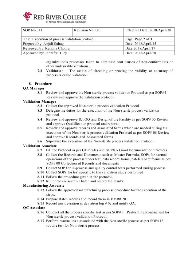 Sop Process validation protocol execution