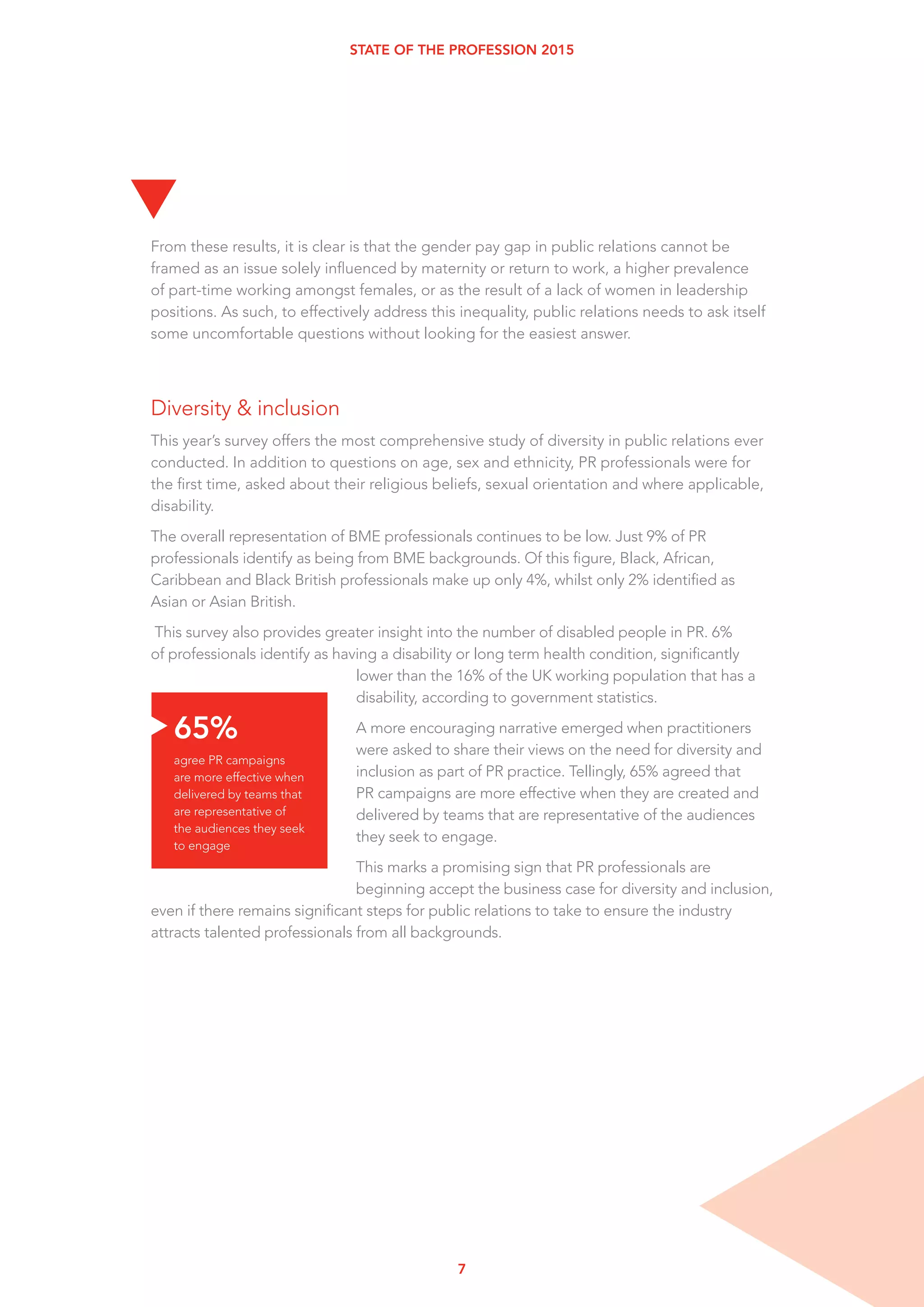 7
STATE OF THE PROFESSION 2015
From these results, it is clear is that the gender pay gap in public relations cannot be
framed as an issue solely influenced by maternity or return to work, a higher prevalence
of part-time working amongst females, or as the result of a lack of women in leadership
positions. As such, to effectively address this inequality, public relations needs to ask itself
some uncomfortable questions without looking for the easiest answer.
Diversity & inclusion
This year’s survey offers the most comprehensive study of diversity in public relations ever
conducted. In addition to questions on age, sex and ethnicity, PR professionals were for
the first time, asked about their religious beliefs, sexual orientation and where applicable,
disability.
The overall representation of BME professionals continues to be low. Just 9% of PR
professionals identify as being from BME backgrounds. Of this figure, Black, African,
Caribbean and Black British professionals make up only 4%, whilst only 2% identified as
Asian or Asian British.
This survey also provides greater insight into the number of disabled people in PR. 6%
of professionals identify as having a disability or long term health condition, significantly
lower than the 16% of the UK working population that has a
disability, according to government statistics.
A more encouraging narrative emerged when practitioners
were asked to share their views on the need for diversity and
inclusion as part of PR practice. Tellingly, 65% agreed that
PR campaigns are more effective when they are created and
delivered by teams that are representative of the audiences
they seek to engage.
This marks a promising sign that PR professionals are
beginning accept the business case for diversity and inclusion,
even if there remains significant steps for public relations to take to ensure the industry
attracts talented professionals from all backgrounds.
t
65%
agree PR campaigns
are more effective when
delivered by teams that
are representative of
the audiences they seek
to engage
t
 