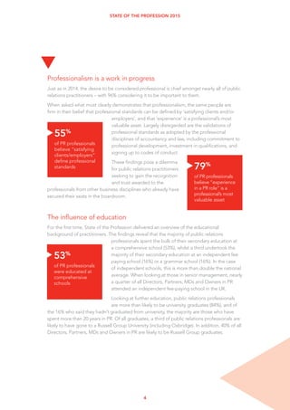 4
STATE OF THE PROFESSION 2015
Professionalism is a work in progress
Just as in 2014, the desire to be considered professional is chief amongst nearly all of public
relations practitioners – with 96% considering it to be important to them.
When asked what most clearly demonstrates that professionalism, the same people are
firm in their belief that professional standards can be defined by ‘satisfying clients and/or
employers’, and that ‘experience’ is a professional’s most
valuable asset. Largely disregarded are the validations of
professional standards as adopted by the professional
disciplines of accountancy and law, including commitment to
professional development, investment in qualifications, and
signing up to codes of conduct.
These findings pose a dilemma
for public relations practitioners
seeking to gain the recognition
and trust awarded to the
professionals from other business disciplines who already have
secured their seats in the boardroom.
The influence of education
For the first time, State of the Profession delivered an overview of the educational
background of practitioners. The findings reveal that the majority of public relations
professionals spent the bulk of their secondary education at
a comprehensive school (53%), whilst a third undertook the
majority of their secondary education at an independent fee
paying school (16%) or a grammar school (16%). In the case
of independent schools, this is more than double the national
average. When looking at those in senior management, nearly
a quarter of all Directors, Partners, MDs and Owners in PR
attended an independent fee-paying school in the UK.
Looking at further education, public relations professionals
are more than likely to be university graduates (84%), and of
the 16% who said they hadn’t graduated from university, the majority are those who have
spent more than 20 years in PR. Of all graduates, a third of public relations professionals are
likely to have gone to a Russell Group University (including Oxbridge). In addition, 40% of all
Directors, Partners, MDs and Owners in PR are likely to be Russell Group graduates.
t
55%
of PR professionals
believe “satisfying
clients/employers”
define professional
standards
t
79%
of PR professionals
believe “experience
in a PR role” is a
professional’s most
valuable asset
t
53%
of PR professionals
were educated at
comprehensive
schools
t
 