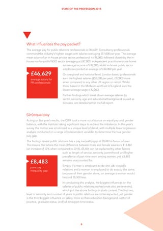 6
STATE OF THE PROFESSION 2015
What influences the pay packet?
The average pay for public relations professionals is £45,633. Consultancy professionals
command the industry’s highest wages with salaries averaging £51,835 per year. The mean
salary of an in-house private sector professional is £49,654, followed by the in-house not-for-
profit/NGO sector averaging at £43,704. Independent practitioners take home an average
income of £35,964, whilst in-house public sector employees
pocket an average of £40,417 per year.
On a regional and national level, London-based
professionals earn the highest salaries (£55,849 per year),
£13,000 more when compared to any other UK region or
nation. Whilst those based in the North earn the lowest
average wage (£38,275).
Further findings which break down average salaries by
sector, seniority, age and educational background, as well as
bonuses, are detailed within the full report.
(Un)equal pay
Acting on last year’s results, the CIPR took a more vocal stance on equal pay and gender
balance, with the Institute taking significant steps to redress the imbalance. In this year’s
survey this matter was scrutinized in a unique level of detail, with multiple linear regression
analysis conducted on a range of independent variables to determine the true gender
pay-gap.
The findings reveal public relations has a pay inequality gap of £8,483 in favour of men.
This means that where the mean difference between male and female salaries is £12,591
(an increase of 2% when compared to 2014), £4,108 can be explained by other factors
such as length of service, seniority, parenthood, and higher
prevalence of part-time work among women, yet £8,483
remains unaccounted for.
Simply, if a man is employed to do one job in public
relations and a woman is employed to do exactly the same,
because of their gender alone, on average a woman would
be paid £8,500 less.
In conducting this analysis, the biggest influences on the
salaries of public relations professionals also are revealed,
which put the above findings in stark context. The first two,
level of seniority and number of years in public relations are to be expected, yet gender
is the third biggest influence on salary, more so than education background, sector of
practice, graduate status, and full-time/part-time status.
t
£45,633
average salary for
PR professionals
t
£8,483
pure pay
inequality gap
t
 