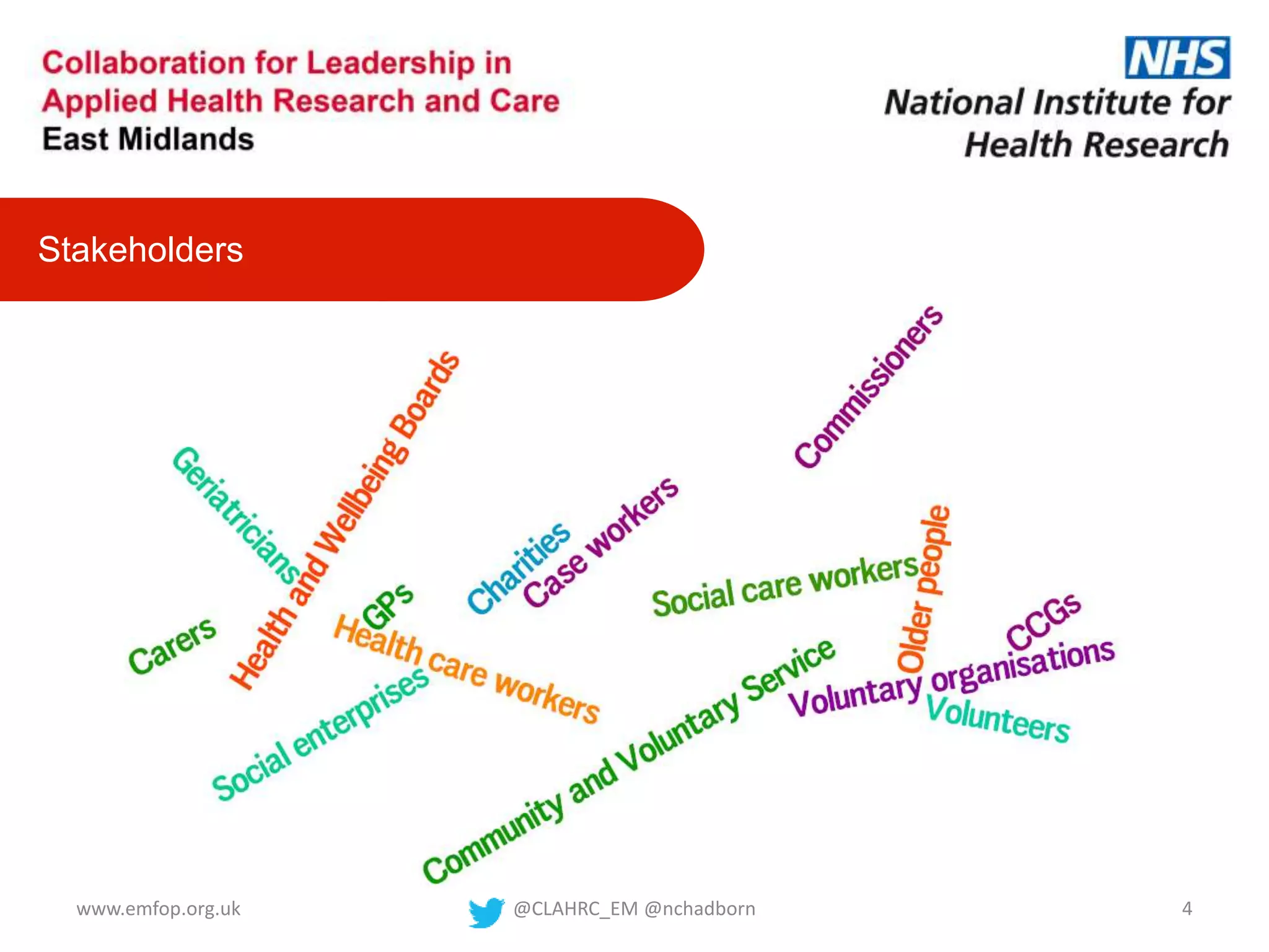 Stakeholders
@CLAHRC_EM @nchadborn 4www.emfop.org.uk
 