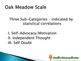 Three Sub-Categories – indicated by
statistical correlations
I. Self-Advocacy/Motivation
II. Independent Thought
III. Self Doubt
 