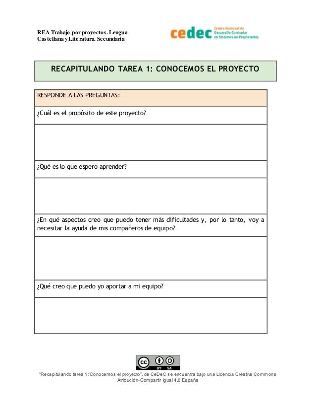 REA Trabajo por proyectos.Lengua
Castellana y Literatura. Secundaria
“Recapitulando tarea 1: Conocemos el proyecto”, de Ce...