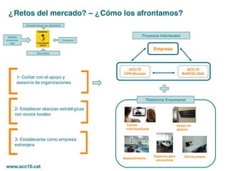 ¿Retos del mercado? – ¿Cómo los afrontamos?
              Infraestructuras por desarrollar



 Medidas                                                                 Proyectos Individuales
proteccioni                                      Corrupción
   stas

                                                                                  Empresa
                        Burocracia




                                                                ACC1Ó                                 ACC1Ó
                                                              CPN Mumbai                            BARCELONA
         1- Contar con el apoyo y
         asesoría de organizaciones


                                                                              Plataforma Empresarial

       2- Establecer alianzas estraté gicas
       con socios locales

                                                               Tutoria                            Apoyo en
                                                               individualizada                    gestion


       3- Establecerse como empresa
       extranjera

                                                                                  Espacios para       Oficina propia
                                                              Asesoramiento
                                                                                   encuentros
 