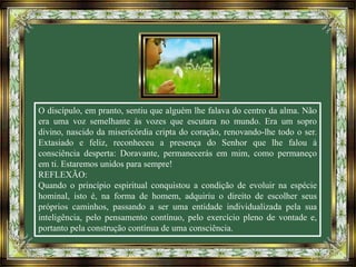 O discípulo, em pranto, sentiu que alguém lhe falava do centro da alma. Não
era uma voz semelhante às vozes que escutara no mundo. Era um sopro
divino, nascido da misericórdia cripta do coração, renovando-lhe todo o ser.
Extasiado e feliz, reconheceu a presença do Senhor que lhe falou à
consciência desperta: Doravante, permanecerás em mim, como permaneço
em ti. Estaremos unidos para sempre!
REFLEXÃO:
Quando o princípio espiritual conquistou a condição de evoluir na espécie
hominal, isto é, na forma de homem, adquiriu o direito de escolher seus
próprios caminhos, passando a ser uma entidade individualizada pela sua
inteligência, pelo pensamento contínuo, pelo exercício pleno de vontade e,
portanto pela construção contínua de uma consciência.
 