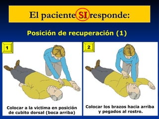 El paciente SI responde:
         Posición de recuperación (1)

1                                  2




Colocar a la victima en posición   Colocar los brazos hacia arriba
 de cubito dorsal (boca arriba)         y pegados al rostro.
 