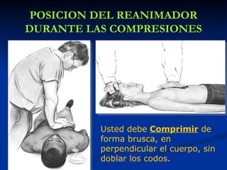 POSICION DEL REANIMADOR
DURANTE LAS COMPRESIONES




          Usted debe Comprimir de
          forma brusca, en
          perpendicular el cuerpo, sin
          doblar los codos.
 