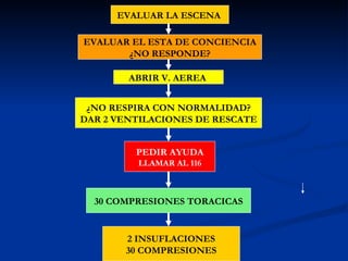 EVALUAR LA ESCENA

EVALUAR EL ESTA DE CONCIENCIA
       ¿NO RESPONDE?

        ABRIR V. AEREA


 ¿NO RESPIRA CON NORMALIDAD?
DAR 2 VENTILACIONES DE RESCATE


         PEDIR AYUDA
         LLAMAR AL 116



  30 COMPRESIONES TORACICAS


       2 INSUFLACIONES
       30 COMPRESIONES
 