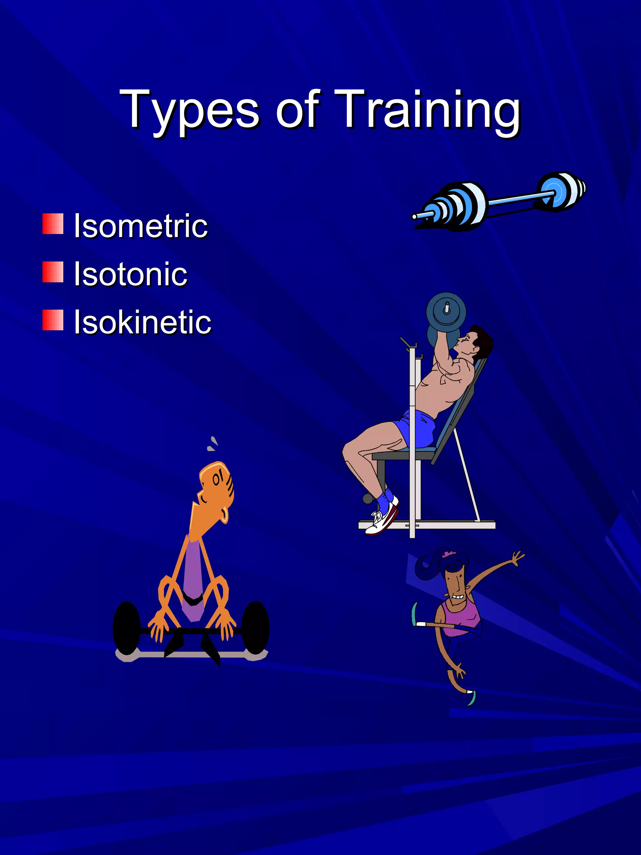 Types of TrainingTypes of Training
IsometricIsometric
IsotonicIsotonic
IsokineticIsokinetic
 