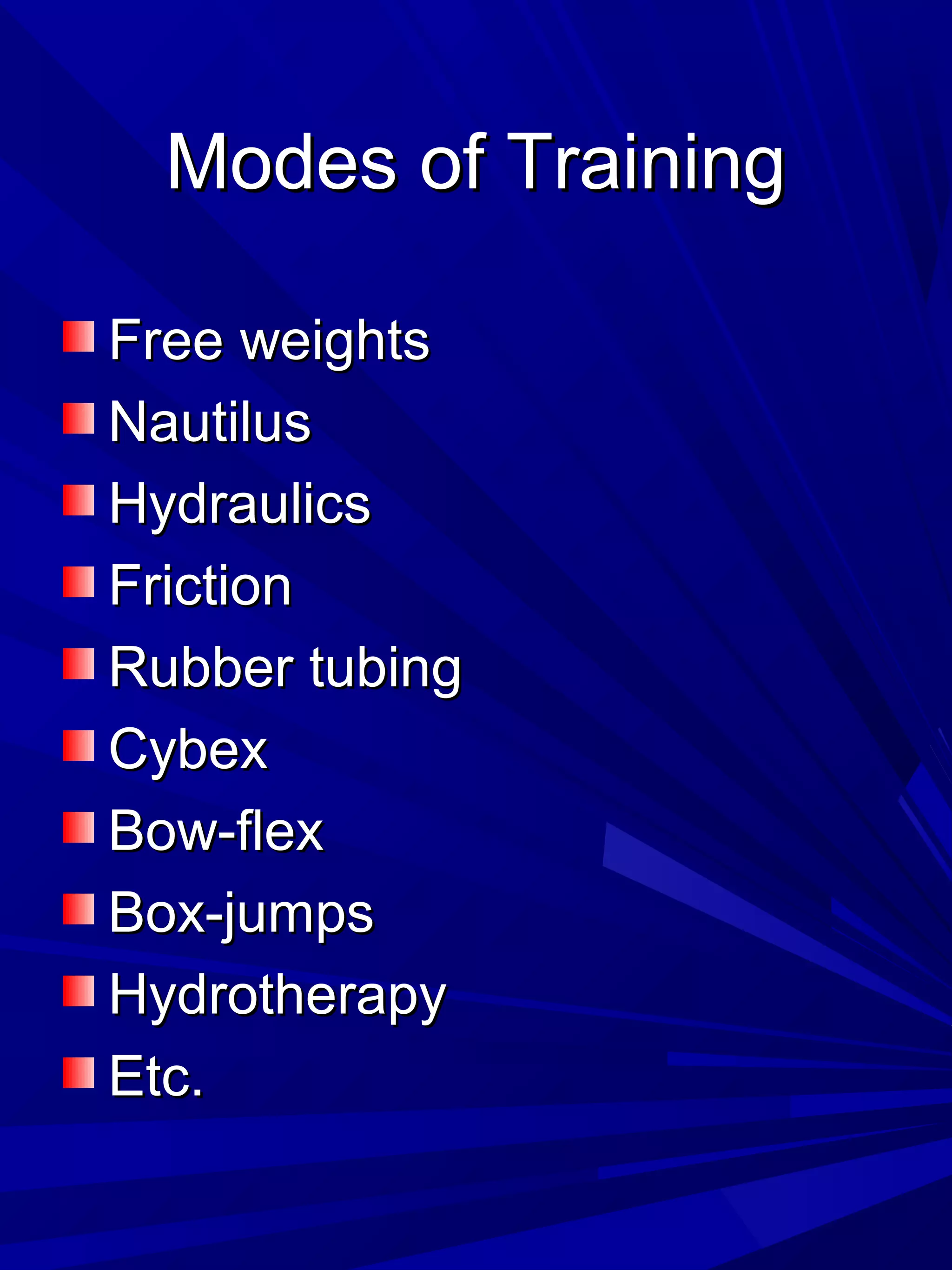 Modes of TrainingModes of Training
Free weightsFree weights
NautilusNautilus
HydraulicsHydraulics
FrictionFriction
Rubber tubingRubber tubing
CybexCybex
Bow-flexBow-flex
Box-jumpsBox-jumps
HydrotherapyHydrotherapy
Etc.Etc.
 