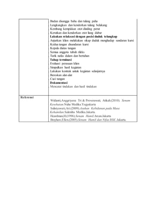 48. Badan disangga bahu dan tulang paha
49. Lengkungkan dan kendorkan tulang belakang
50. Kembang kempiskan otot dinding perut
51. Kerutkan dan kendorkan otot liang dubur
Lakukan relaksasi dengan posisi duduk telungkup
52. Anjurkan klien melakukan sikap duduk menghadap sandaran kursi
53. Kedua tangan disandaran kursi
54. Kepala diatas tangan
55. Semua anggota tubuh rileks
56. Tarik nafas dalam dan bertahan
Tahap terminasi
57. Evaluasi perasaan klien
58. Simpulkan hasil kegiatan
59. Lakukan kontrak untuk kegiatan selanjutnya
60. Bereskan alat-alat
61. Cuci tangan
Dokumentasi
62. Mencatat tindakan dan hasil tindakan
Referensi
1. Widianti,Anggriyana Tri & Proverawati, Atikah.(2010). Senam
Kesehatan.Nuha Medika.Yogyakarta
2. Sulistyawati,Ari.(2009).Asuhan Kebidanan pada Masa
Kehamilan.Salemba Medika.Jakarta.
3. Heardman,H.(1996).Senam Hamil.Arcan.Jakarta
4. Brayhaw,Ellen.(2005).Senam Hamil dan Nifas.EGC.Jakarta.
 