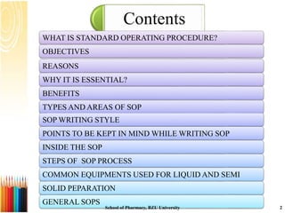 Contents
WHAT IS STANDARD OPERATING PROCEDURE?
OBJECTIVES
REASONS
WHY IT IS ESSENTIAL?
BENEFITS
TYPES AND AREAS OF SOP
SOP WRITING STYLE
POINTS TO BE KEPT IN MIND WHILE WRITING SOP
INSIDE THE SOP
STEPS OF SOP PROCESS
COMMON EQUIPMENTS USED FOR LIQUID AND SEMI
SOLID PEPARATION
GENERAL SOPS
School of Pharmacy, BZU University 2
 