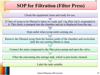 SOP for Filtration (Filter Press)
Label the tank suitable.
Filter the outcoming into storage tank, which is previously cleaned.
Connect the main compound to the filter press pump and open the valve.
Remove the filtrated syrup from the bottom outlet of the chamber and recirculate
until the out coming filtrate is clear.
Stop outlet when syrup starts coming out.
25 liter of syrup to be filtered is taken in a tank and 1 kg filter aid is suspended in
it. This slurry is pumped into the chamber and air is displaced from the top.
Check the equipment clean and ready for use.
School of Pharmacy, BZU niversity 53
 