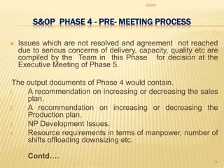GDPK



        S&OP PHASE 4 - PRE- MEETING PROCESS

   Issues which are not resolved and agreement not reached
    due to serious concerns of delivery, capacity, quality etc are
    compiled by the Team in this Phase for decision at the
    Executive Meeting of Phase 5.

 The output documents of Phase 4 would contain.
1.   A recommendation on increasing or decreasing the sales
     plan.
2.   A recommendation on increasing or decreasing the
     Production plan.
3.   NP Development Issues.
4.   Resource requirements in terms of manpower, number of
     shifts offloading downsizing etc.

       Contd….
                                                                14
 