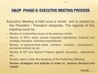 GDPK




     S&OP PHASE 5- EXECUTIVE MEETING PROCESS

Executive Meeting is held once a month and is chaired by
 the President / President designate. The Agenda of this
 meeting could be :
   Review of outstanding issues of the previous month.
   Review of KPI‟s which include important operational, financial and
    strategic indicators. Authorize expenditures.
   Review of products-wise sales , demand , inventory , assumptions ,
    scenarios worked out etc.
   Review of NP and Special Projects against resources, attainments
    etc.
   Accept, reject or alter the decisions of the Preliminary Meeting.
   Review strategies and policies in order to balance demand and
    supply.
                                                                 Contd….. 17
 