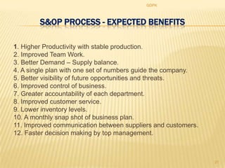 GDPK



        S&OP PROCESS - EXPECTED BENEFITS

1. Higher Productivity with stable production.
2. Improved Team Work.
3. Better Demand – Supply balance.
4. A single plan with one set of numbers guide the company.
5. Better visibility of future opportunities and threats.
6. Improved control of business.
7. Greater accountability of each department.
8. Improved customer service.
9. Lower inventory levels.
10. A monthly snap shot of business plan.
11. Improved communication between suppliers and customers.
12. Faster decision making by top management.



                                                              21
 