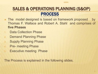 GDPK



       SALES & OPERATIONS PLANNING (S&OP)
                   PROCESS
    The model designed is based on framework proposed by
     Thomas F. Wallace and Robert A. Stahl and comprises of
     five Phases
1.     Data Collection Phase
2.     Demand Planning Phase
3.     Supply Planning Phase
4.     Pre- meeting Phase
5.     Executive meeting Phase

The Process is explained in the following slides.


                                                          5
 