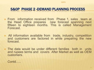 GDPK



      S&0P PHASE 2 -DEMAND PLANNING PROCESS

   From information received from Phase 1, sales team at
    the Head Office prepares new forecast spanning next
    fifteen to eighteen months. This is called Management
    Forecast.

    All information available from trade, industry, competition
    and customers are factored in while preparing the new
    forecast.

   The data would be under different families both in units
    and rupees terms and covers After Market as well as OEM
    customers.

    Contd…..
                                                               9
 