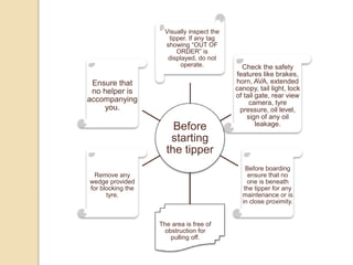 Before
starting
the tipper
Visually inspect the
tipper. If any tag
showing “OUT OF
ORDER” is
displayed, do not
operate. Check the safety
features like brakes,
horn, AVA, extended
canopy, tail light, lock
of tail gate, rear view
camera, tyre
pressure, oil level,
sign of any oil
leakage.
Before boarding
ensure that no
one is beneath
the tipper for any
maintenance or is
in close proximity.
The area is free of
obstruction for
pulling off.
Remove any
wedge provided
for blocking the
tyre.
Ensure that
no helper is
accompanying
you.
 