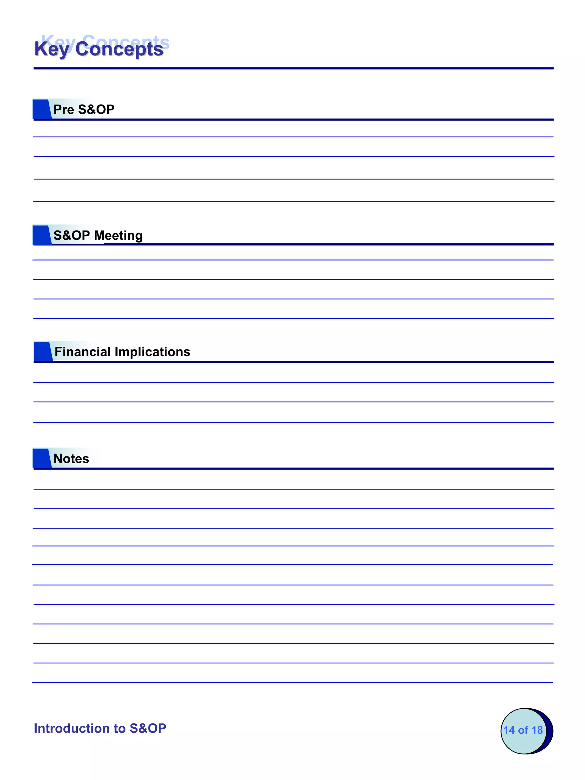 Key Concepts
Key Concepts


  Pre S&OP




  S&OP Meeting




   Financial Implications




  Notes




Introduction to S&OP        14 of 18
 